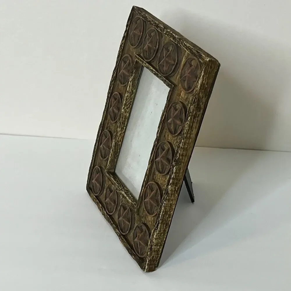 Western Rustic Star Photo Frame 4x6 Tabletop Brown Distressed Wood Look